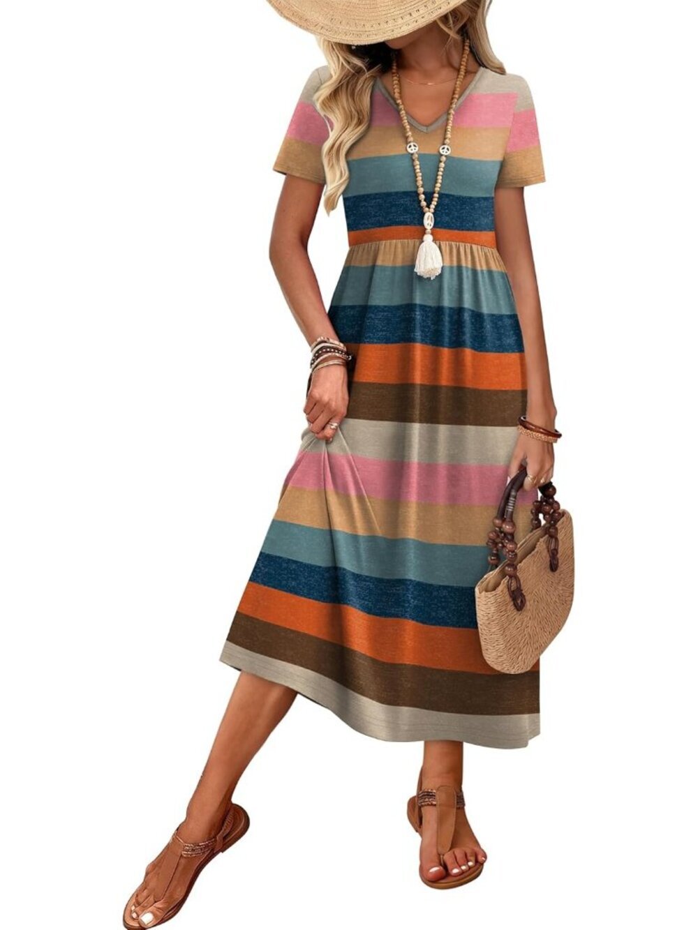 Women's Boho Retro Stripe Summer Flowy A-Line Midi Beach Vacation Sundresses - Picture 4 of 5